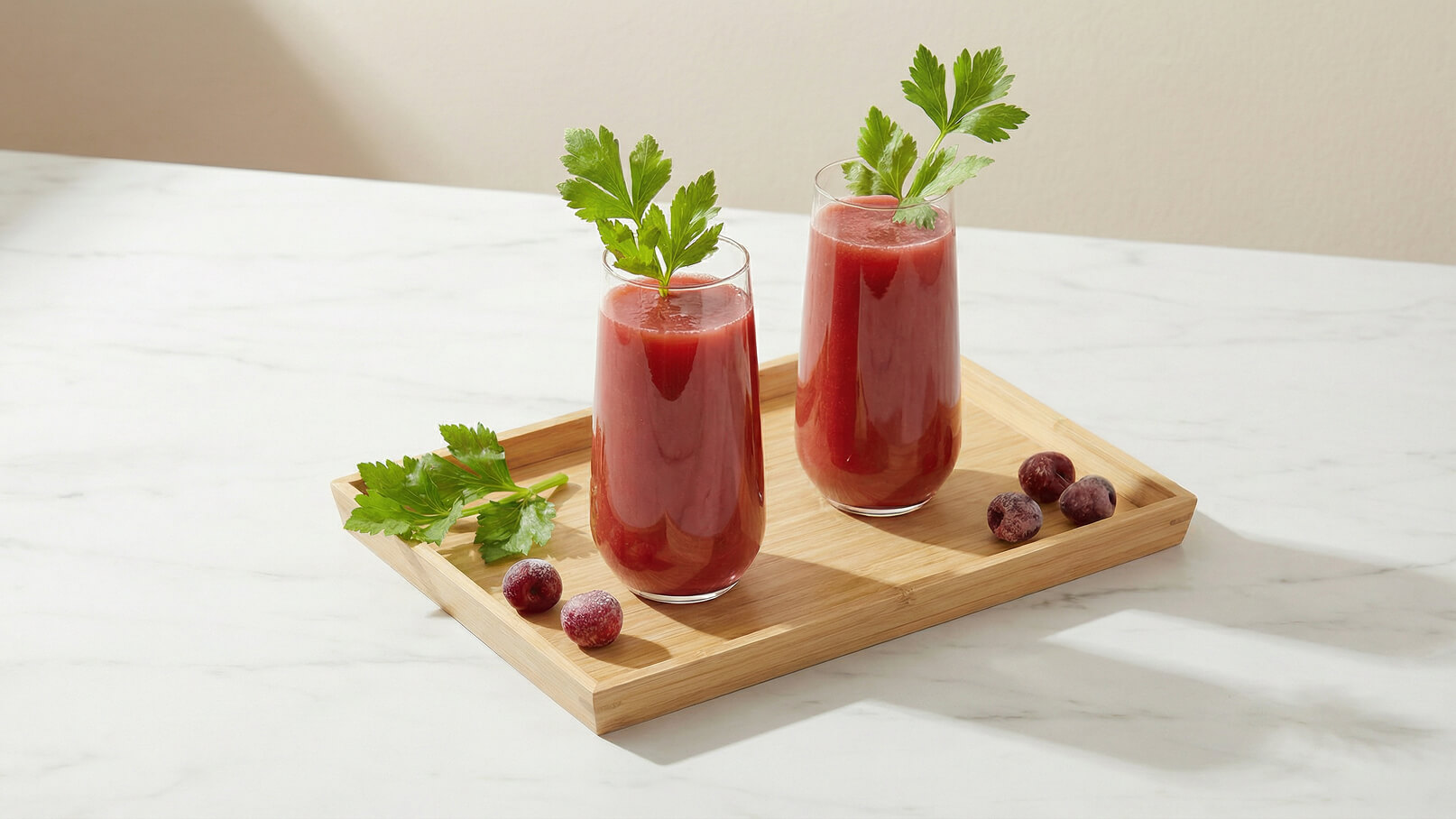Zwei Gläser mit rotem Getränk stehen auf einem Holzteller. Jedes Glas ist mit einem Blatt Petersilie dekoriert. Neben den Gläsern liegen einige gefrorene Weintrauben. Der Tisch hat eine helle, marmorierte Oberfläche.