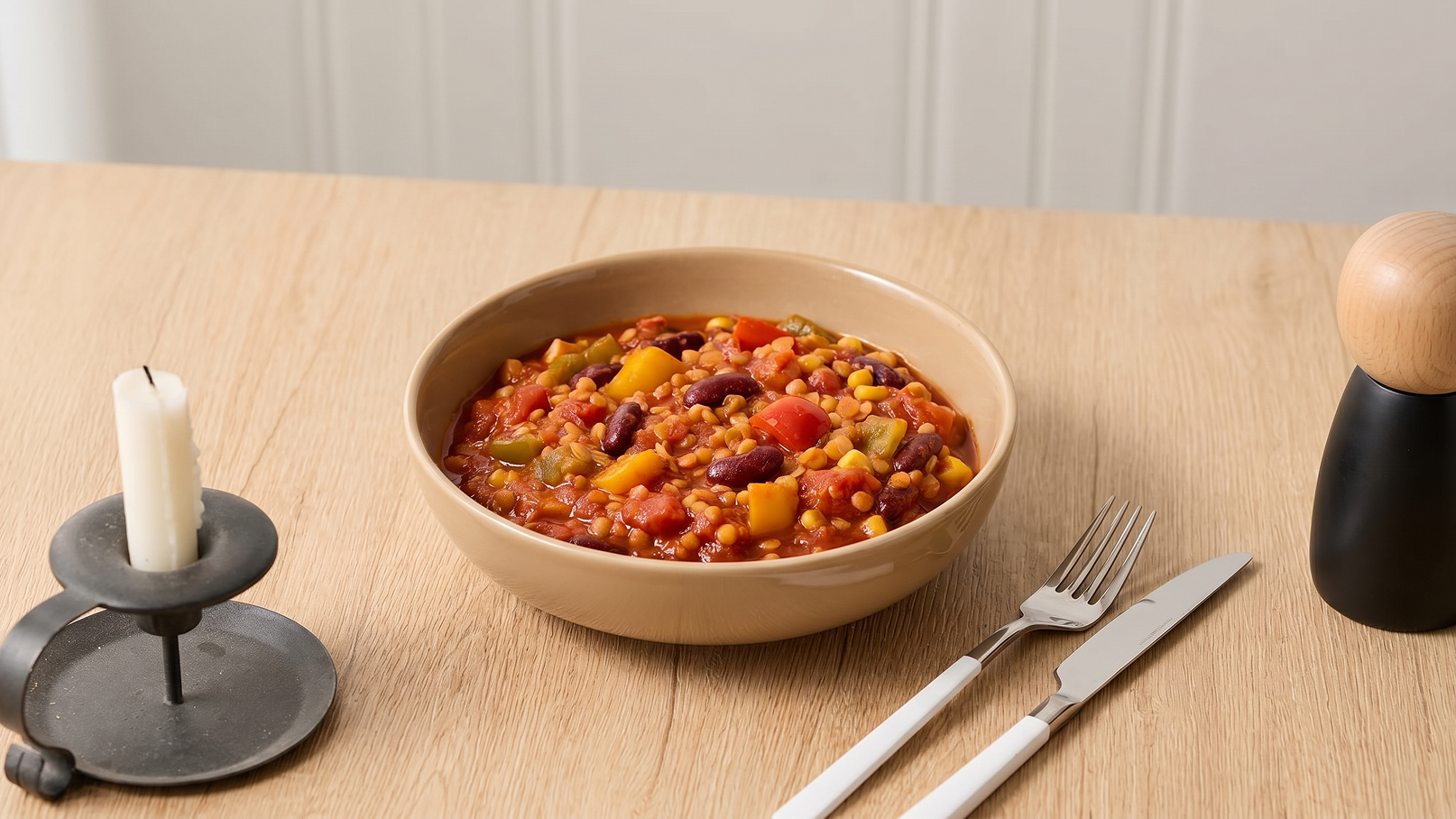 Eine große Schüssel mit buntem Eintopf steht auf einem Holztisch. Der Eintopf enthält verschiedene Gemüsearten, Bohnen und eine dichte Sauce. Neben der Schüssel liegen ein Messer und eine Gabel, sowie eine kleine Kerze in einem Halter.
