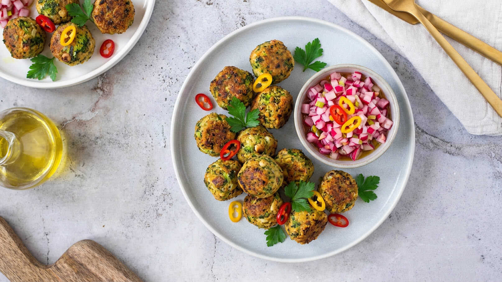 Auf dem Bild befinden sich knusprige Gemüsebällchen auf einem hellen Teller, garniert mit frischen Kräutern und roten sowie gelben Chilis. Neben den Bällchen steht eine kleine Schüssel mit einer bunten Mischung aus gewürfeltem Gemüse und einer würzigen Sauce.