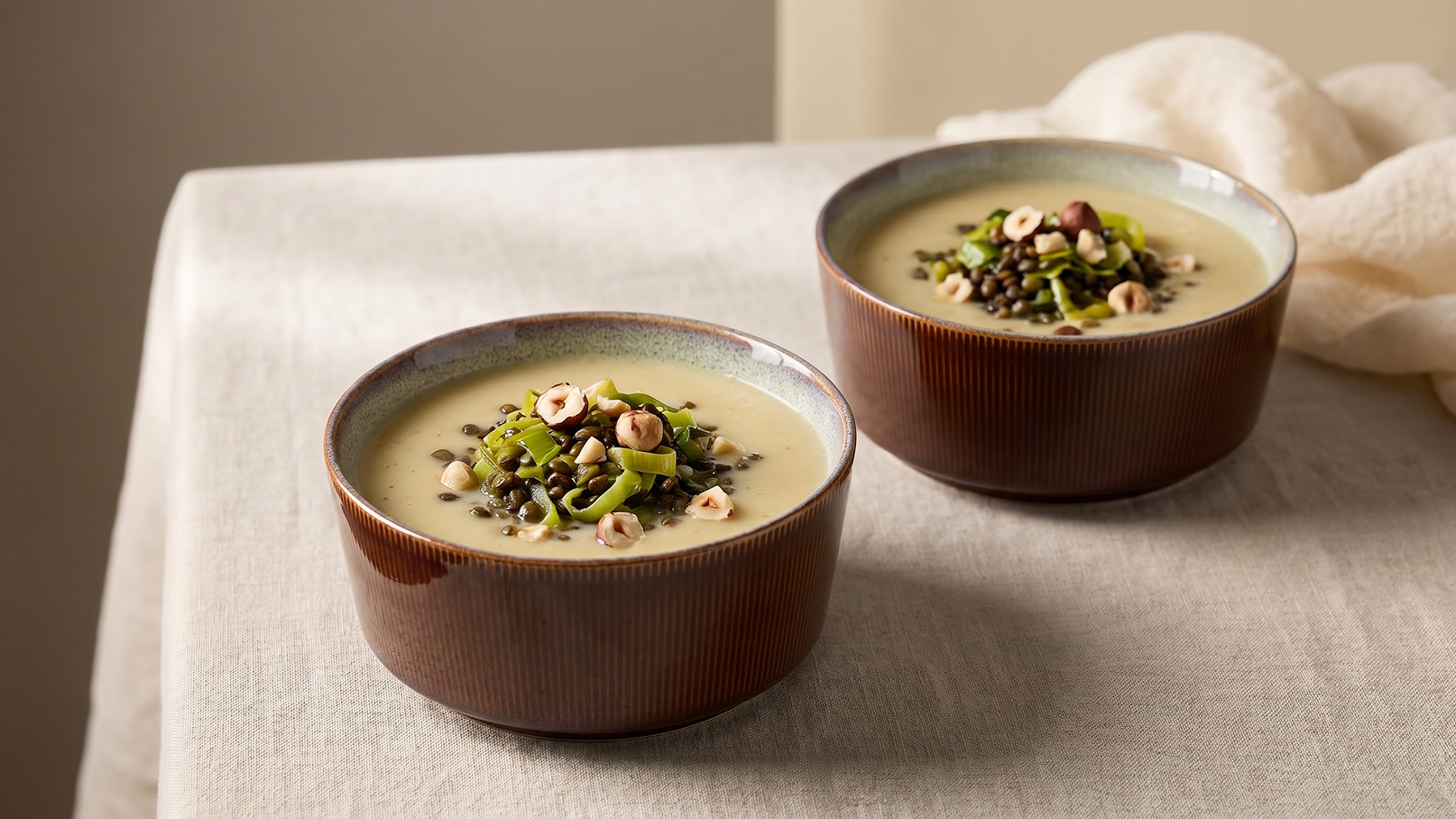 Zwei Schalen mit heller Suppe stehen auf einem Tisch. Die Suppe ist mit grünen Kräutern, Kürbiskernen und gehackten Haselnüssen garniert. Der Tisch ist mit einem hellen Tuch bedeckt.