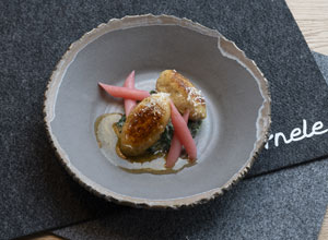 Ein elegantes Gericht in einer runden, schlichten Schale. Die Speise besteht aus zwei goldbraun gebratenen Teilen, umgeben von frischen, pinkfarbenen Stückchen und einer dunklen Sauce. Das Gericht ist ansprechend angerichtet und auf einem dunklen Untersetzer platziert.