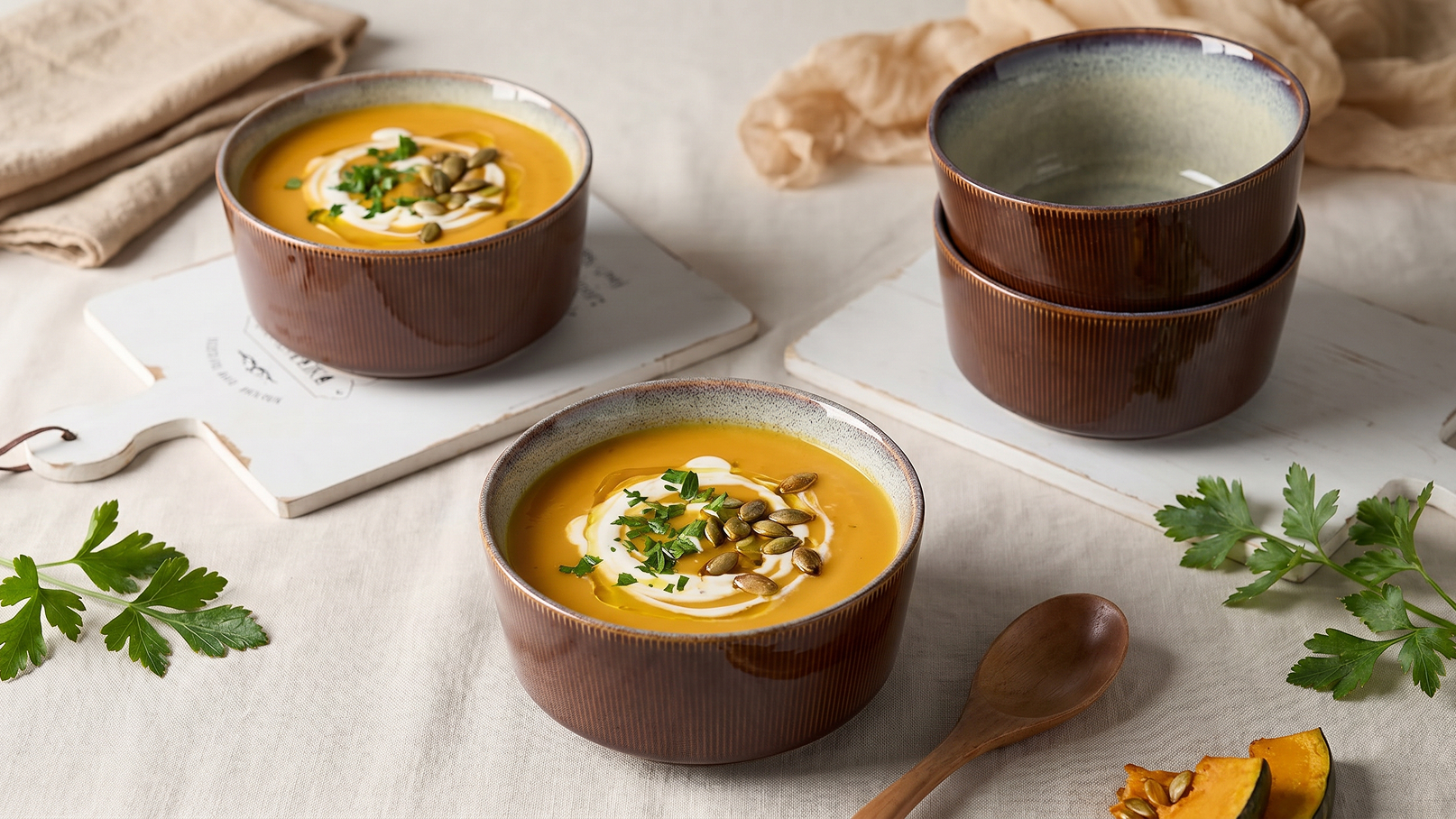 Zwei Schalen mit Kürbissuppe, garniert mit Kürbiskernen und frischen Kräutern, stehen auf einem hellen Tisch. Im Hintergrund stapeln sich weitere Schalen. Einige frische Kräuter und ein Holzlöffel liegen daneben.