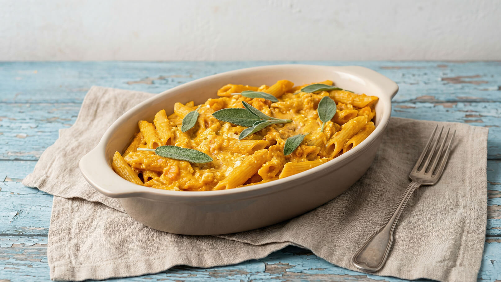 Eine Schüssel mit cremigen, gelben Penne-Pasta, garniert mit frischen Salbeiblättern. Die Pasta liegt auf einem leichten, beige Farbton serviert, umgeben von einem rustikalen, blauer Holzoberfläche. Ein Gabel liegt auf einem grauen Geschirrtuch daneben.