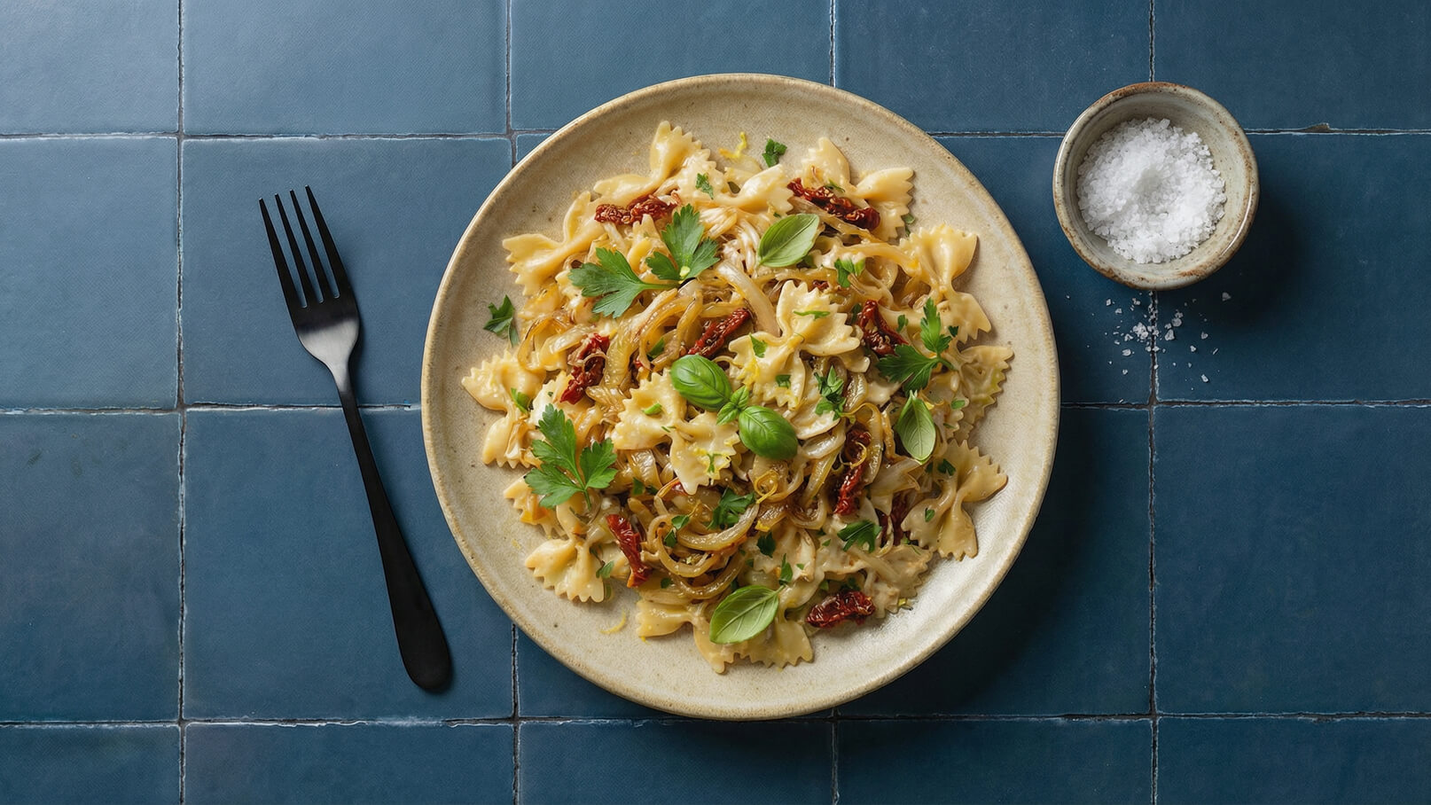Ein Teller mit farbenfrohen Farfalle-Nudeln, garniert mit frischen Kräutern und getrockneten Tomaten. Neben dem Teller liegt eine schwarze Gabel auf einem blauen Fliesenuntergrund. Ein kleines Schälchen mit grobem Salz ist ebenfalls zu sehen.