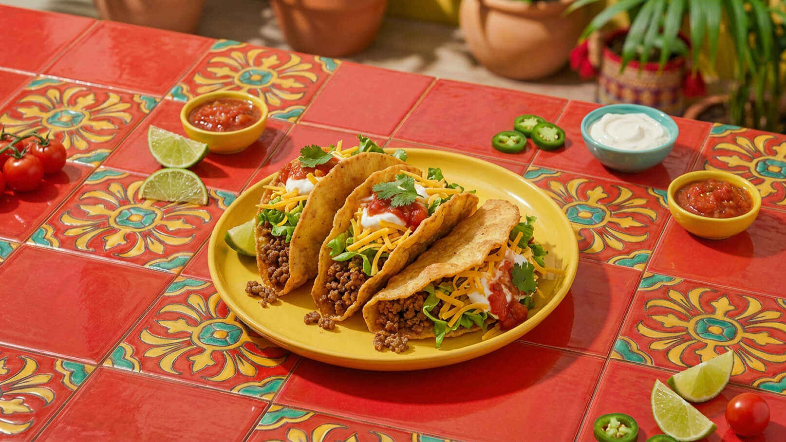 Ein gelbes Teller mit drei Tacos gefüllt mit Hackfleisch, Salat, Käse und Salsa. Neben den Tacos liegen Limettenscheiben. Im Hintergrund sind kleine Schalen mit Salsa und saurer Sahne zu sehen. Der Tisch hat eine bunte, florale Kachelgestaltung.