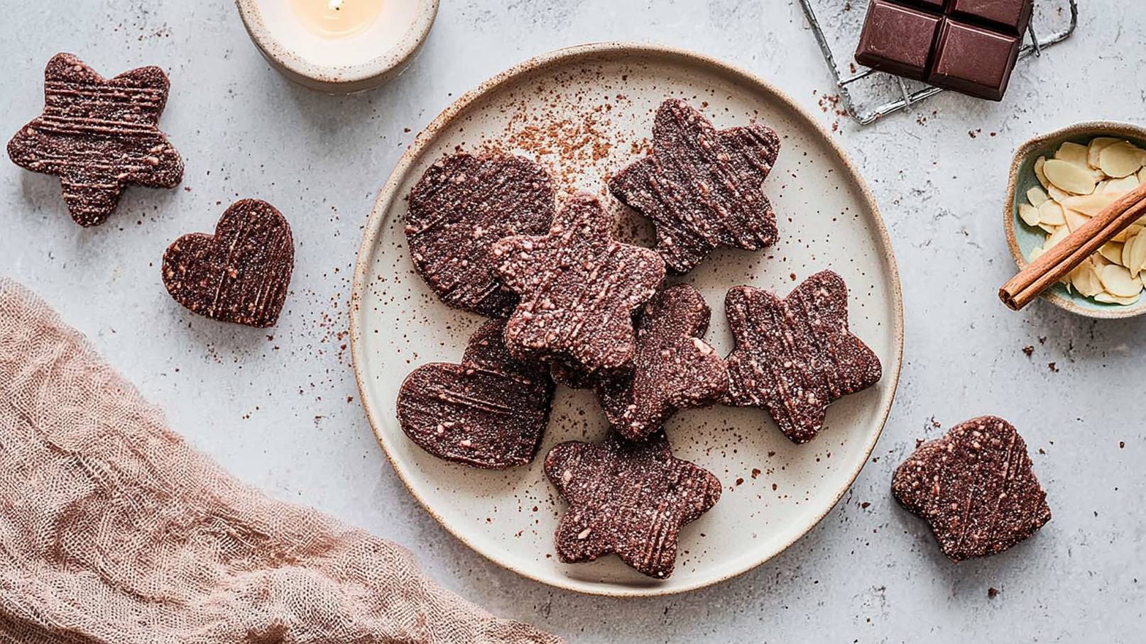 Auf einem gedeckten Tisch liegt ein Teller mit verschiedenen Plätzchen in Form von Sternen und Herzen. Die Kekse sind dunkel und mit einer leichten Zuckerglasur verziert. Neben dem Teller befinden sich einige Zutaten wie Mandeln und Zimtsticks, die auf die Backkunst hinweisen.