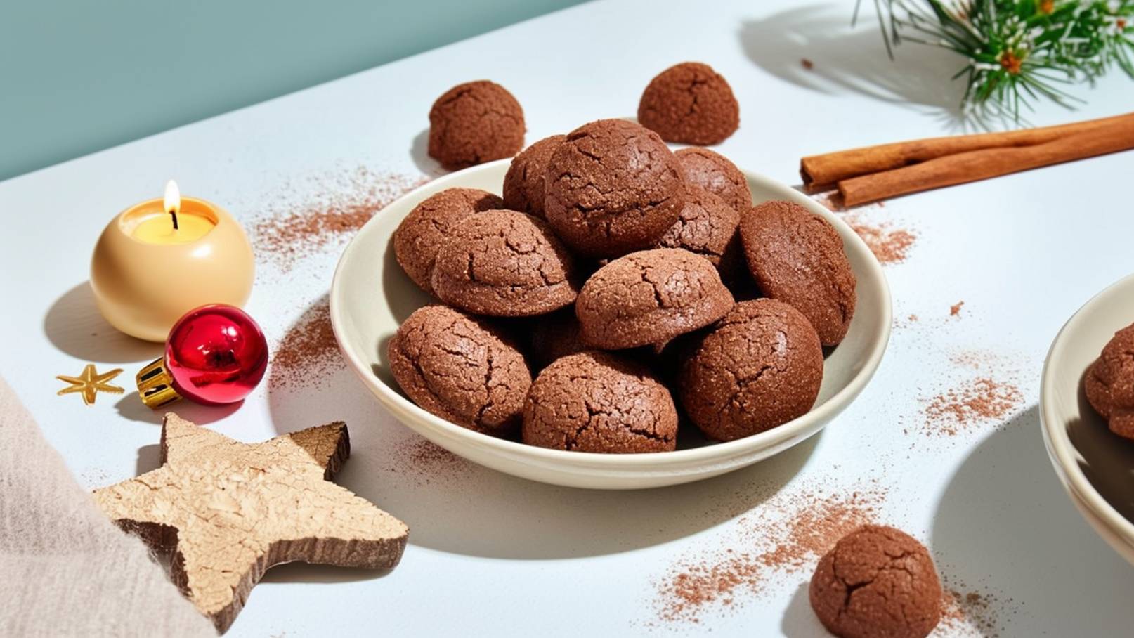 Eine Schüssel mit schokoladigen Keksen steht im Vordergrund. Einige Kekse liegen verstreut auf dem Tisch, umgeben von Zimtstangen und Dekorationen. Im Hintergrund brennt eine Kerze. Die Szene strahlt eine festliche, gemütliche Atmosphäre aus.