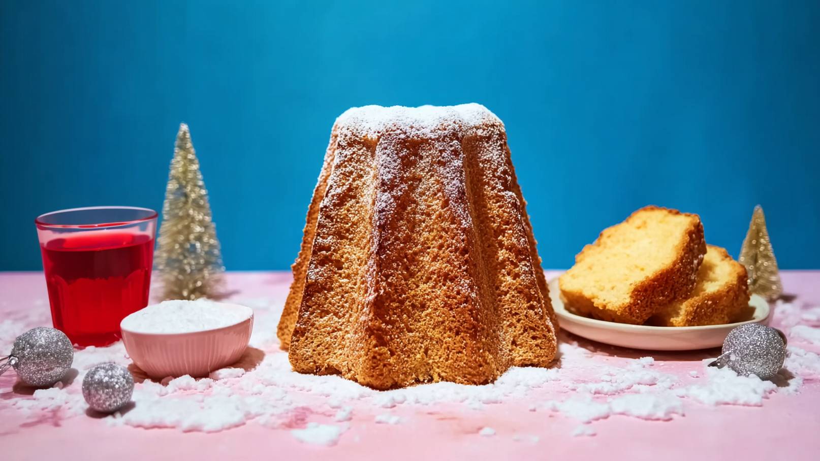 Ein goldbrauner Kuchen in Form eines Hügels, bestäubt mit Puderzucker, steht im Mittelpunkt. Daneben befinden sich ein Glas roter Saft, eine Schale mit Zucker und einige Stücke geschnittenen Kuchens auf einem Teller. Der Hintergrund ist hellblau.
