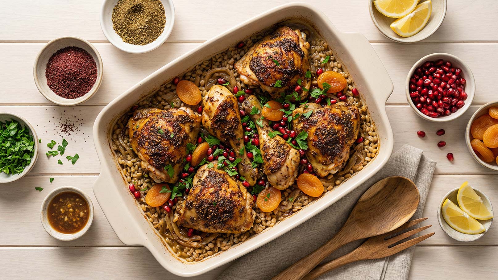 Auf dem Bild befindet sich ein Ofengericht mit gegrillten Hähnchenschenkeln, die goldbraun sind, auf einem Bett aus gekochtem Getreide. Um das Gericht sind Schalen mit Gewürzen, Zitronenscheiben und Granatapfelkernen angeordnet. Frische Kräuter und Trockenfrüchte ergänzen die Anordnung.
