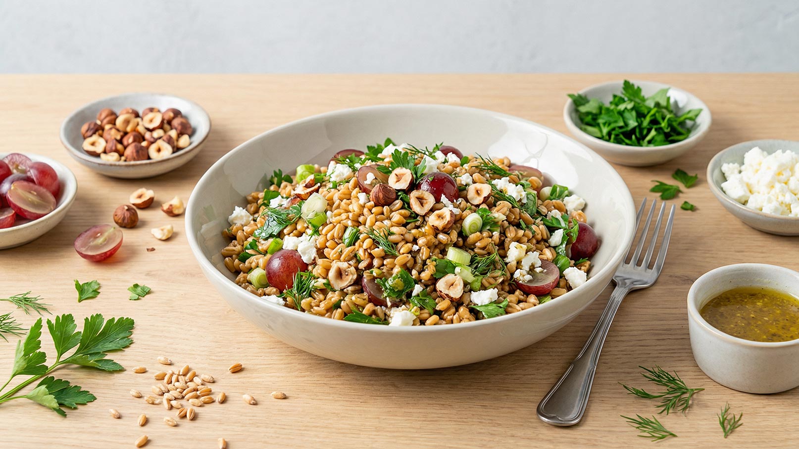 Ein großer Teller mit einem bunten Salat aus Getreide, Trauben, Nüssen und frischen Kräutern. Der Salat wird von einer Gabel begleitet, und auf dem Tisch liegen weitere Zutaten wie Haselnüsse, Kräuter und eine kleine Schüssel mit Dressing.