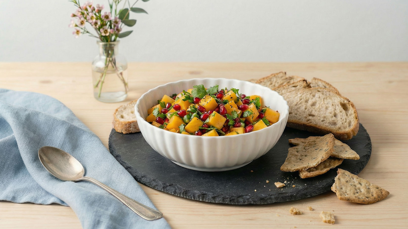 Eine weiße Schüssel mit buntem Salat aus gewürfeltem Gemüse und Kräutern steht auf einem schwarzen Servierbrett. Daneben liegen einige Scheiben Brot und knusprige Snacks. Im Hintergrund befindet sich eine kleine Vase mit Blumen auf einem Tisch aus hellem Holz.