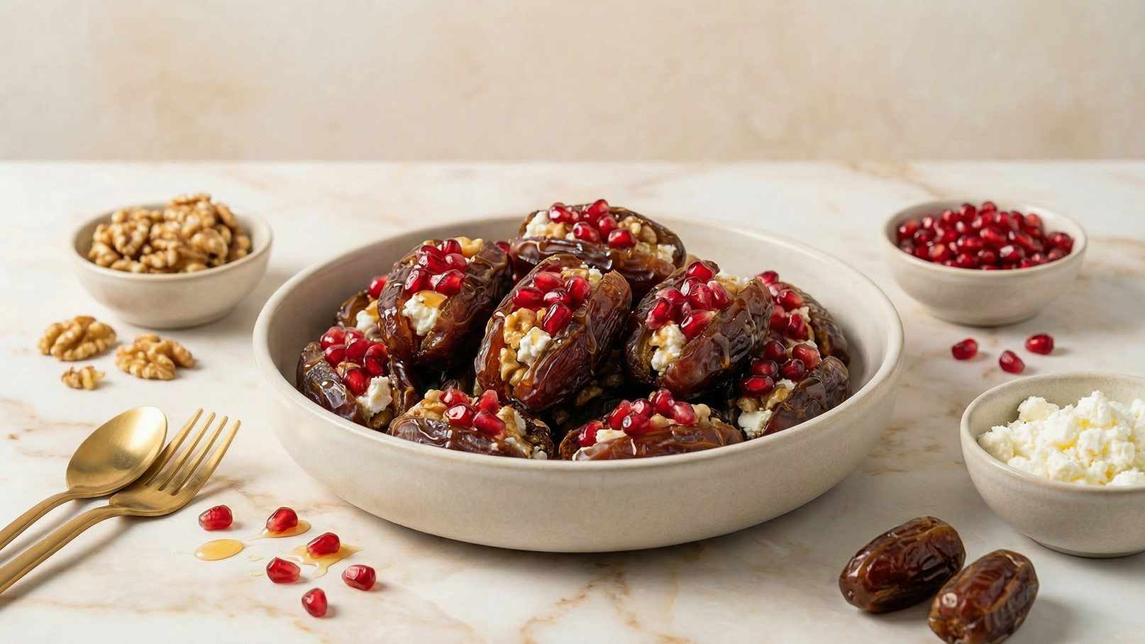 Eine Schüssel mit gefüllten Datteln, dekoriert mit Nüssen, Granatapfelkernen und Kräutern, steht im Mittelpunkt. Rundherum sind verschiedene Nüsse, Honig und andere Zutaten auf einem hellen Tisch verteilt.