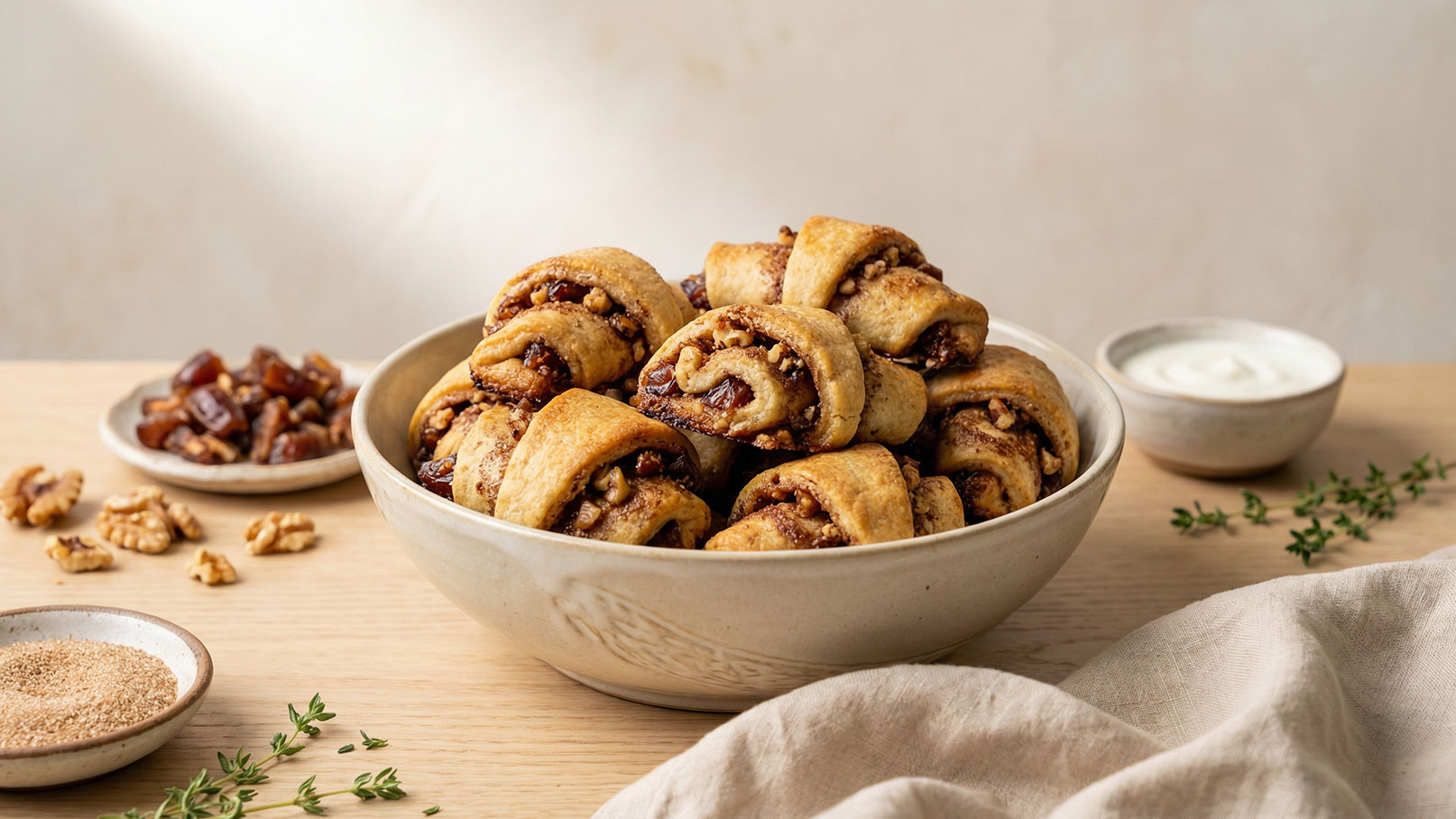 Eine große Schüssel mit frisch gebackenen Zimtschnecken, gefüllt mit Nüssen und Rosinen, steht auf einem Holztisch. Neben der Schüssel liegen kleine Portionen von Zucker und getrockneten Früchten, sowie ein kleiner Behälter mit einer weißen Creme.