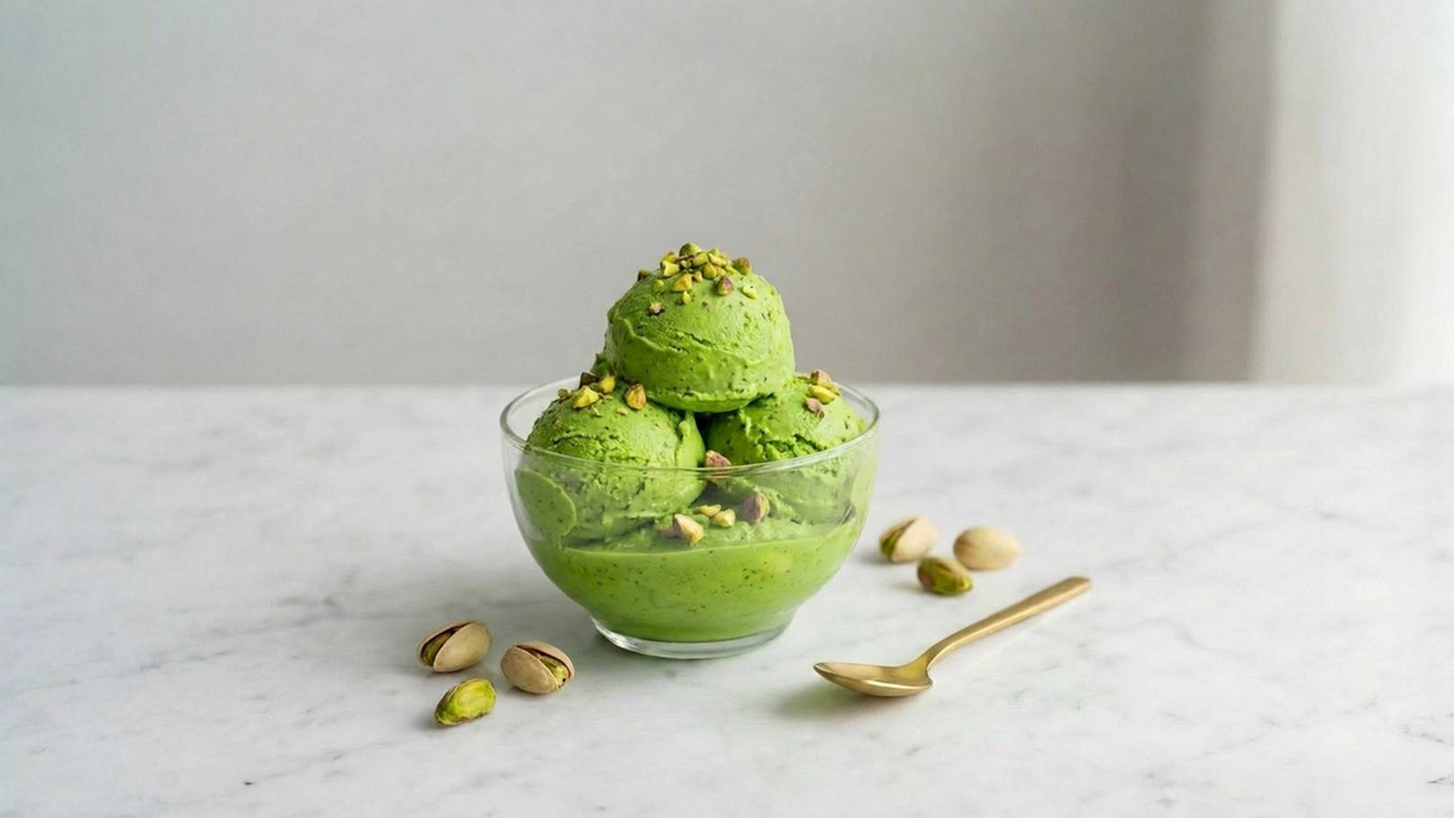 Eine Schale mit drei Kugeln grüner Eiscreme, garniert mit gehackten Pistazien. Rund um die Schale liegen einige ganze Pistazien und ein goldener Löffel ist daneben platziert. Der Hintergrund ist hell und neutral.