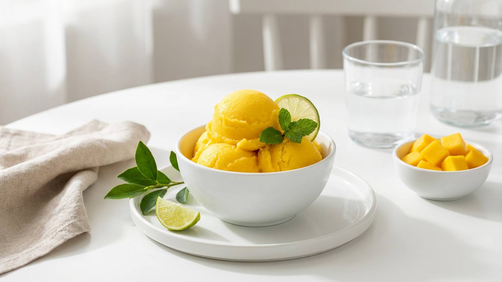 Eine weiße Schüssel mit gelbem Mango-Eis, garniert mit einem Limettenstück und frischen Minzblättern. Daneben steht ein kleines Schälchen mit Würfeln von frischer Mango und ein Glas Wasser auf einem Tisch. Ein beige Tuch liegt am Rand.