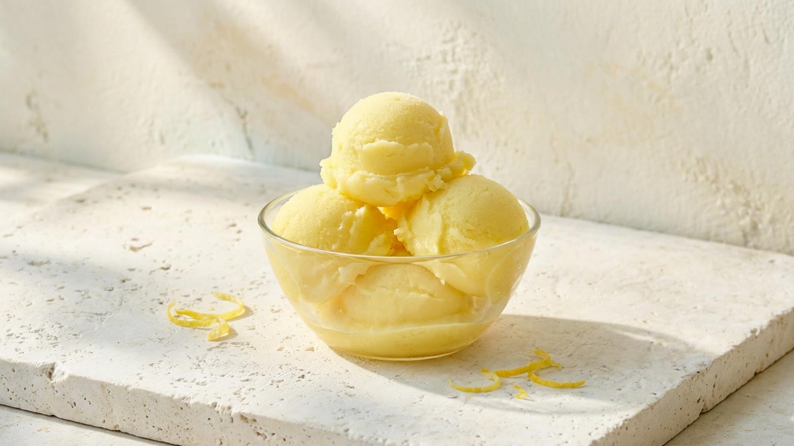 Eine transparente Schüssel enthält drei Kugeln Zitroneneis. Das Eis hat eine glatte, cremige Textur und eine leuchtend gelbe Farbe. Um die Schüssel herum liegen einige Zitronenschalen. Der Hintergrund ist hell und neutral gehalten.