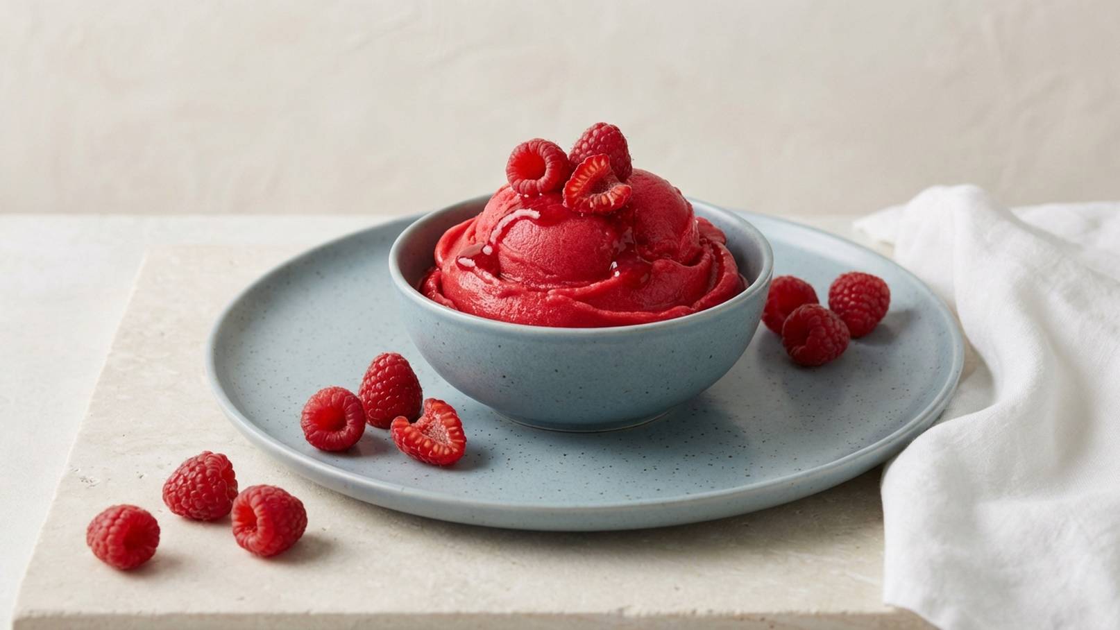 Eine Schale mit rotem Himbeersorbet, garniert mit frischen Himbeeren, steht auf einem flachen Teller. Der Hintergrund ist neutral gehalten. Ein Stück weißes Tuch liegt neben dem Teller.