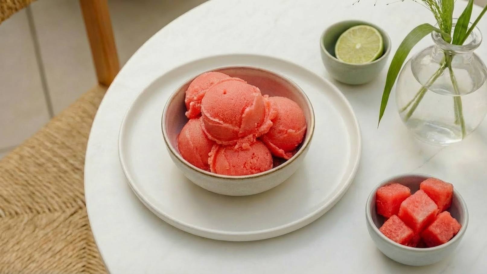 In einer Schüssel liegen mehrere Kugeln von rosafarbenem Sorbet. Daneben steht ein kleiner Teller mit Wassermelonenstücken und eine Limette in einer kleinen Schüssel. Der Tisch hat eine helle, glatte Oberfläche und es gibt eine Blume in einer Vase.