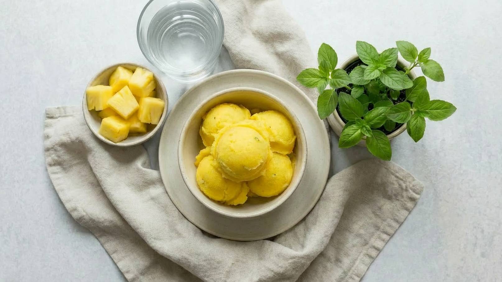 In einer Schüssel liegen mehrere kugelförmige Portionen von gelbem Sorbet. Nebenan befindet sich ein Glas Wasser und ein kleiner Teller mit Ananasstücken. Ein Topf mit frischer Minze steht ebenfalls auf der Oberfläche, die mit einem hellen Tuch bedeckt ist.