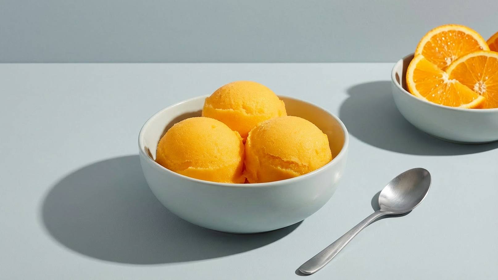 Eine Schüssel mit drei orangenen Eiskugeln steht auf einem hellblauen Tisch. Daneben liegt ein Löffel und es gibt eine separate Schale mit in Scheiben geschnittenen Orangen.