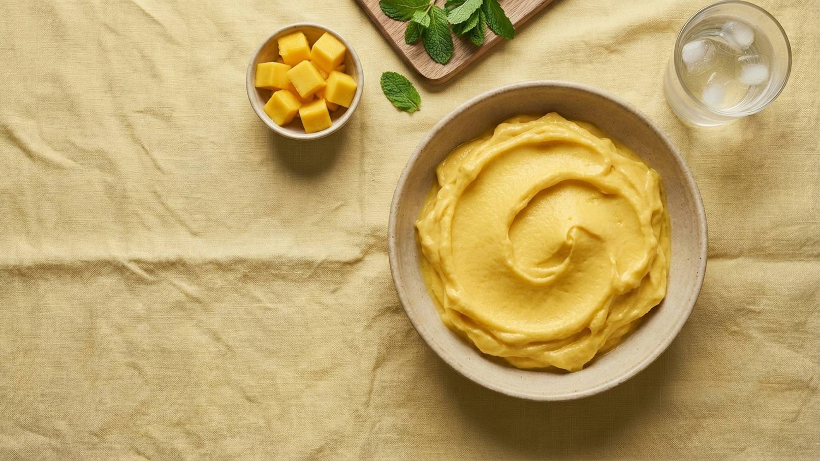 In der Bildmitte befindet sich eine Schüssel mit cremigem, gelbem Mangopüree, das spiralförmig angerichtet ist. Neben der Schüssel liegt eine kleine Schale mit gewürfeltem Mango und frischen Minzblättern. Im Hintergrund steht ein Glas mit Wasser und Eiswürfeln.