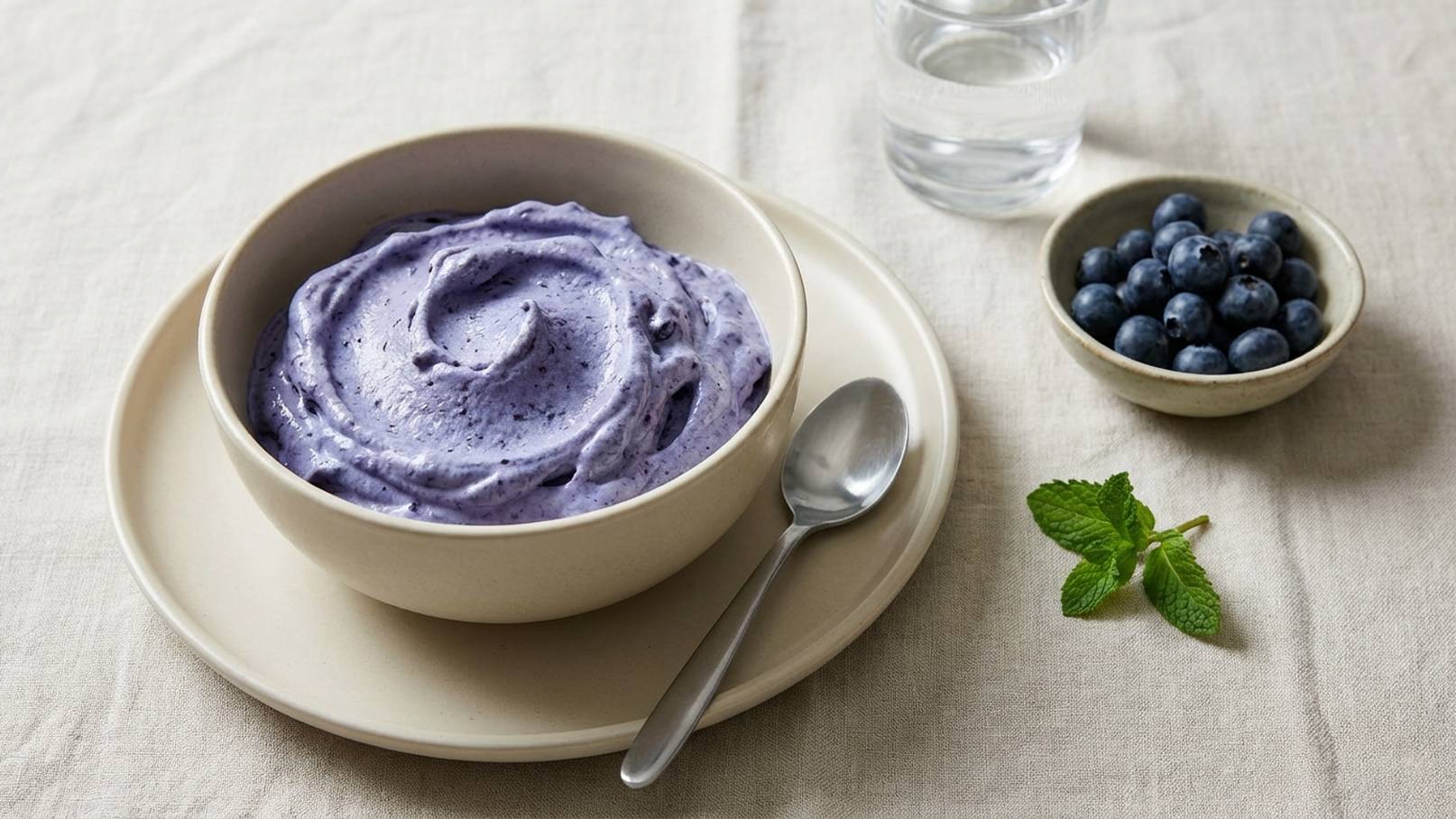 Eine Schüssel mit lila Creme, wahrscheinlich aus Heidelbeeren, steht auf einem Teller. Daneben befinden sich eine kleine Schale mit frischen Heidelbeeren und ein Glas Wasser. Ein Löffel liegt auf dem Teller. Die Anordnung ist schlicht und ansprechend.