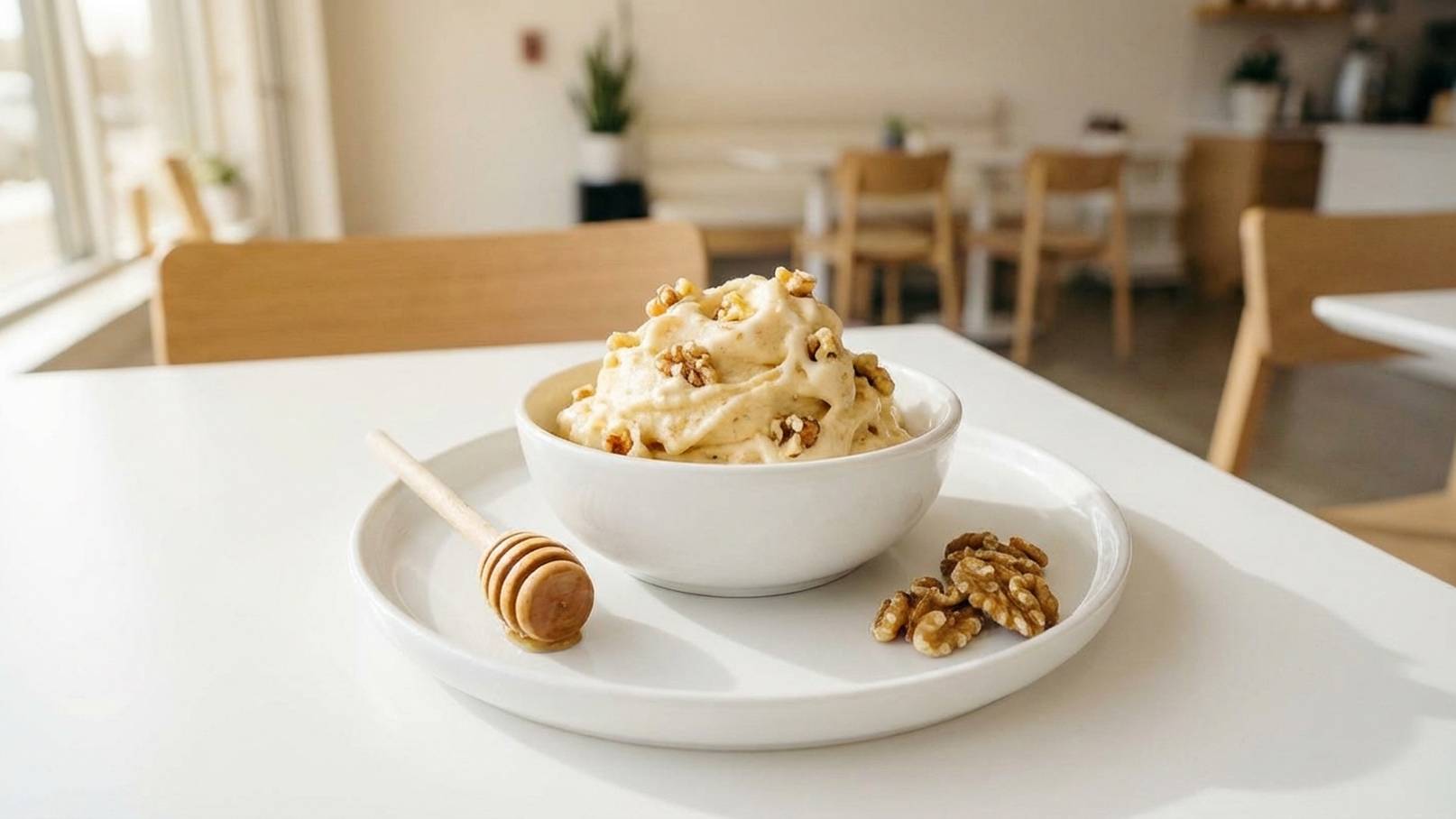 Eine Schüssel mit cremigem Dessert, garniert mit Walnüssen, steht auf einem weißen Teller. Neben der Schüssel liegt ein Löffel mit Honig. Der Hintergrund zeigt eine helle, minimalistische Café-Umgebung mit Holzstühlen.