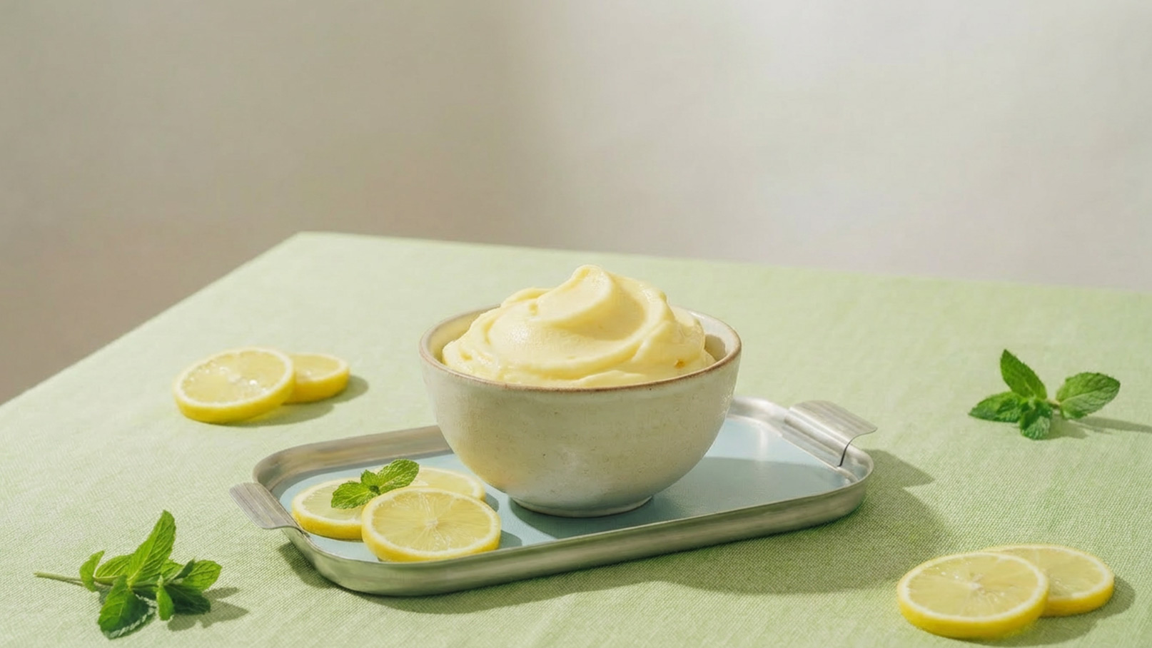 Eine Schüssel mit cremigem Zitroneneis steht auf einem Tablett. Um sie herum liegen frische Zitronenscheiben und frische Minzblätter auf einem grünen Tisch. Das Bild vermittelt ein erfrischendes und einladendes Gefühl.