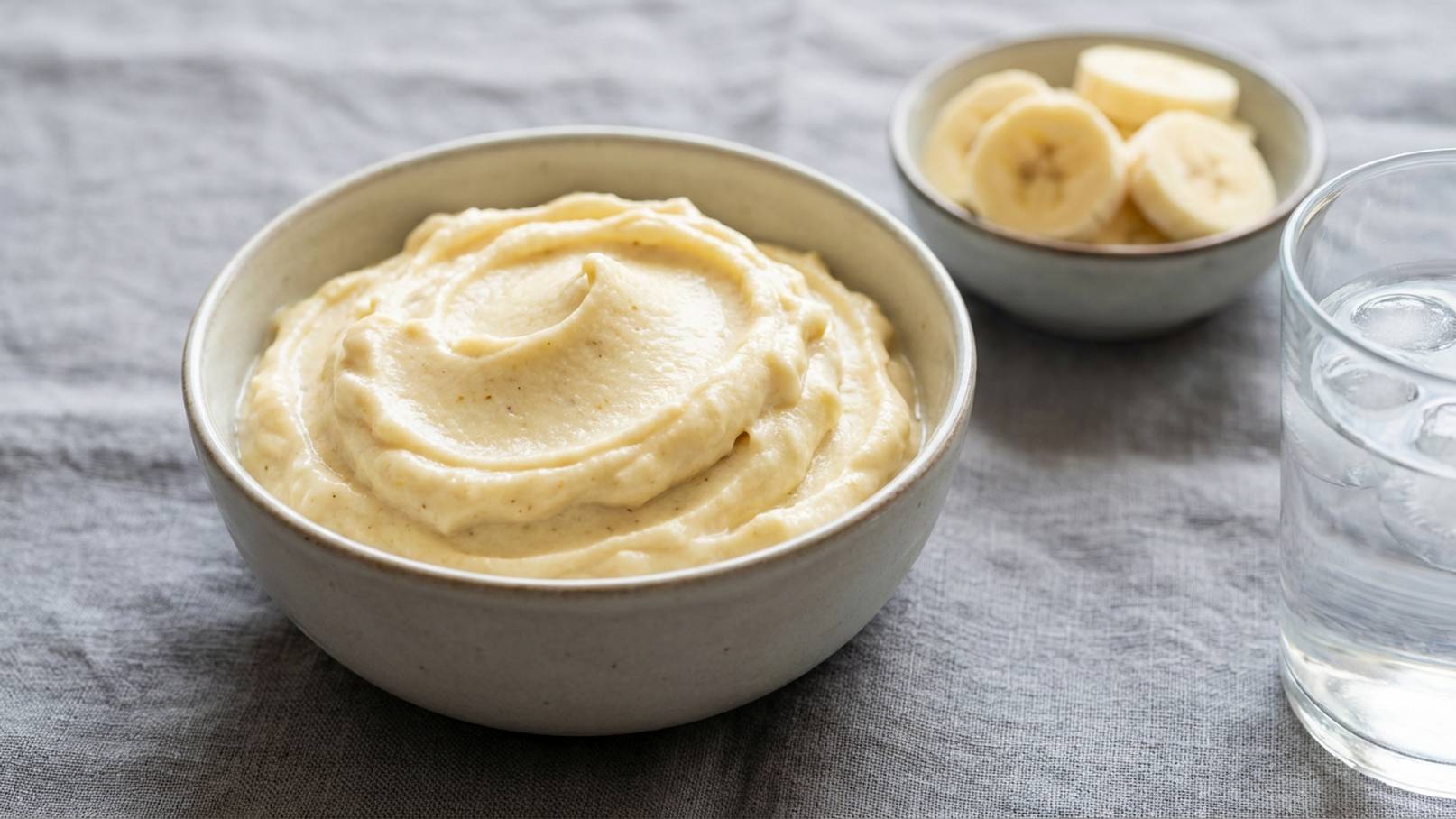 Eine Schüssel mit cremiger, heller Bananenpudding. Neben der Schüssel befindet sich eine kleine Schale mit in Scheiben geschnittenen Bananen. Daneben steht ein Glas mit klarem Wasser.