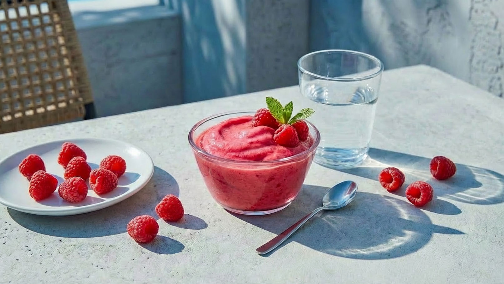 Eine Schale mit Himbeersorbet, dekoriert mit frischen Himbeeren und Minzblättern, steht auf einer hellen, strukturierten Oberfläche. Neben der Schale liegt ein Löffel und eine kleinere Schale mit weiteren Himbeeren. Das Bild vermittelt ein frisches, einladendes Dessert.