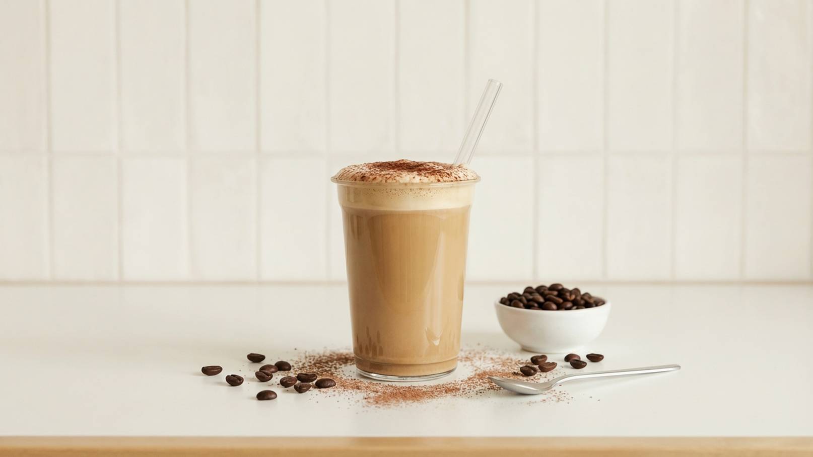 Ein Glas mit schaumigem Kaffee steht auf einem Tisch. Darum sind einige Kaffeebohnen und einen Löffel verteilt. Neben dem Glas befindet sich eine Schale mit weiteren Kaffeebohnen. Der Hintergrund ist hell und schlicht.