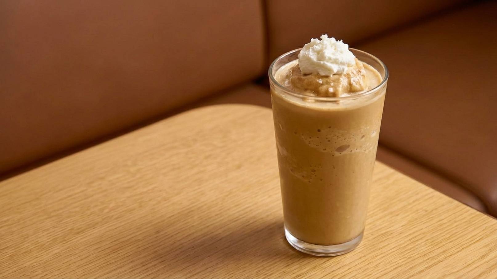 Ein Glas mit einem cremigen Kaffeegetränk, das mit Schlagsahne garniert ist. Das Glas steht auf einem Holztisch, im Hintergrund ist eine braune Sitzgelegenheit zu sehen.