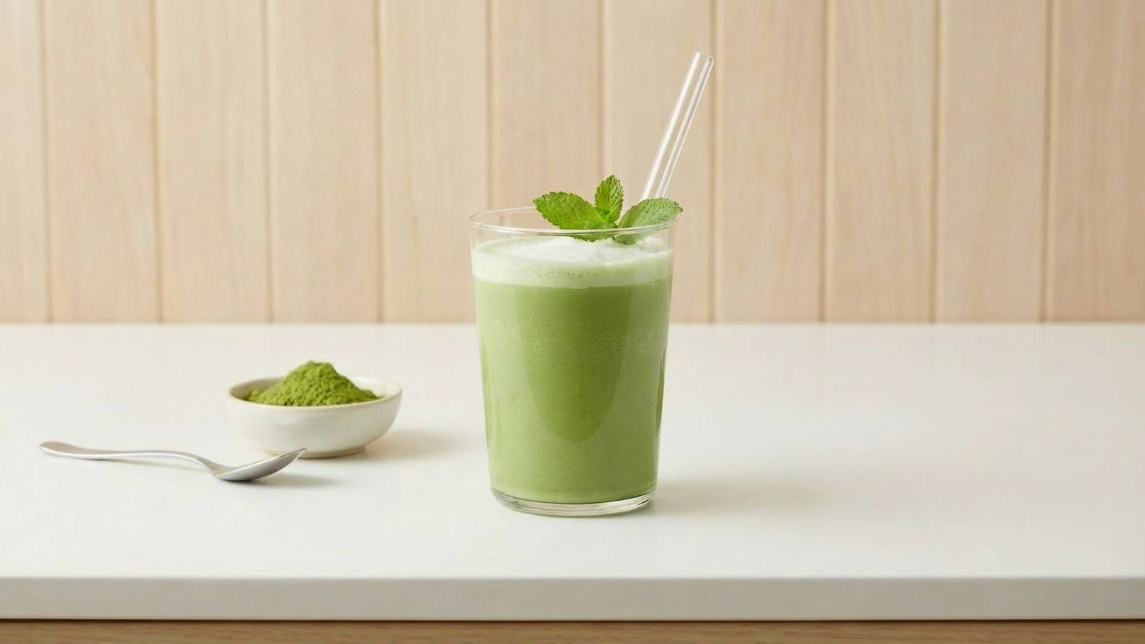 Ein Glas mit grünem Smoothie, garniert mit frischer Minze und einem Strohhalm. Neben dem Glas befindet sich eine kleine Schüssel mit grünem Pulver. Der Hintergrund ist hell und schlicht gehalten.