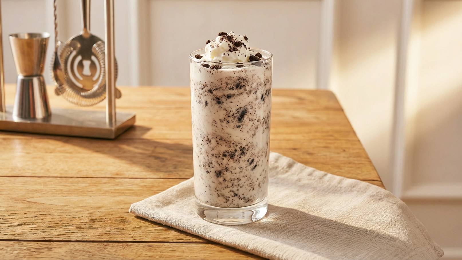 Ein transparentes Glas mit einem cremigen Getränk, das mit Stückchen von Schokoladenkeksen verfeinert ist. Obenauf befindet sich Sahne und einige Keksbrösel. Das Glas steht auf einem Holztisch, neben einem Küchenutensil und einem Tuch.