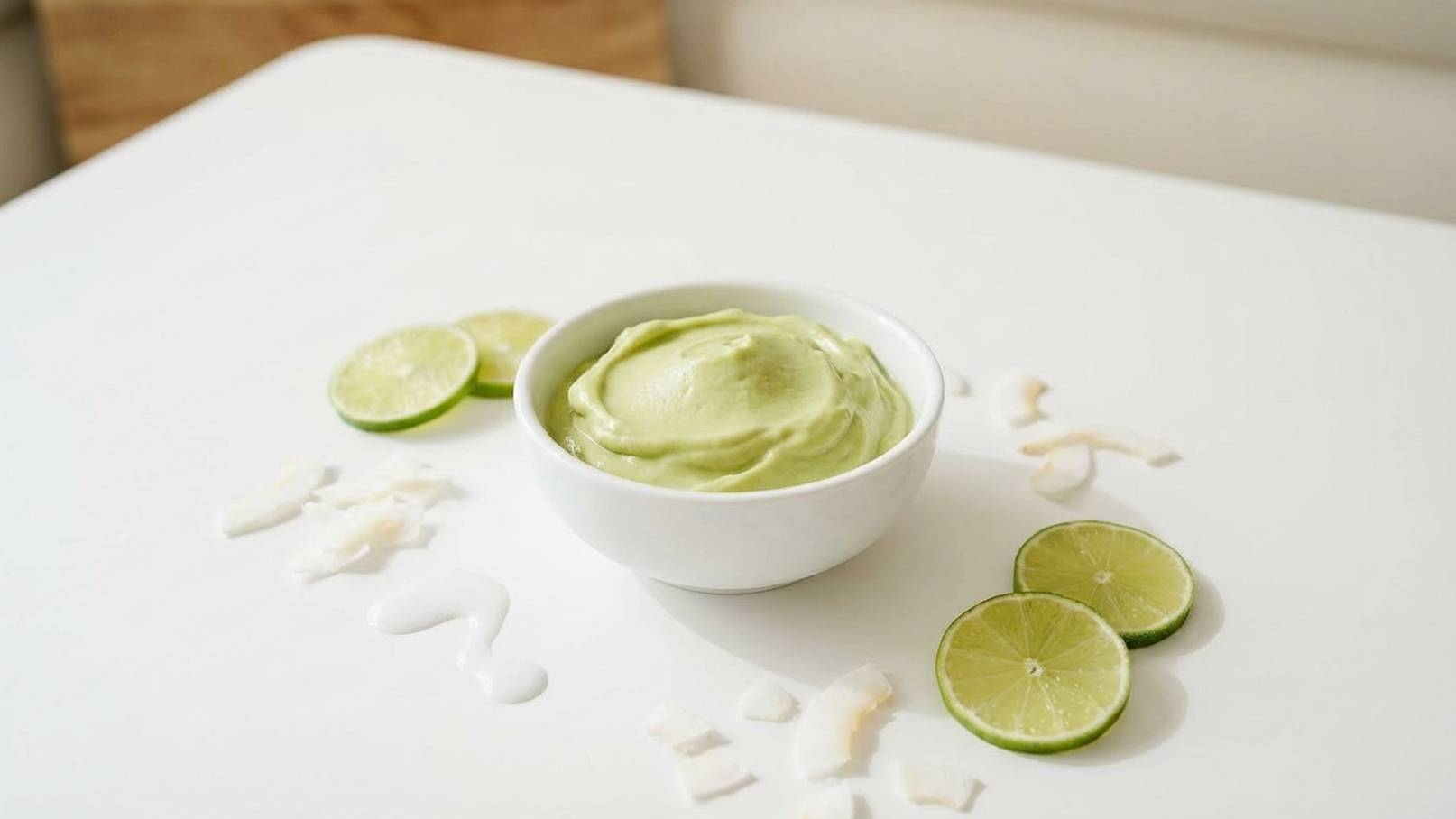 Eine Schüssel mit cremigem, grünem Dessert steht auf einem weißen Tisch. Daneben sind frische Limettenscheiben und Kokosraspel platziert. Die Gesamtanordnung vermittelt ein frisches und einladendes Gefühl.
