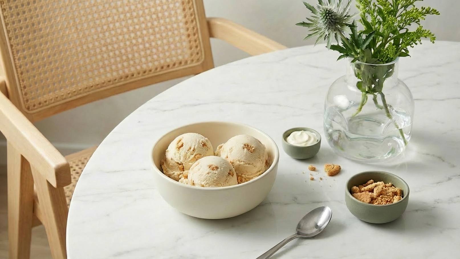 Eine Schüssel mit drei Eiskugeln steht auf einem Tisch aus Marmor, umgeben von einer kleinen Schale mit Keksstücken und einem Becher Sahne. Im Hintergrund befindet sich eine Glasvase mit frischen Pflanzen. Ein Löffel liegt auf dem Tisch.