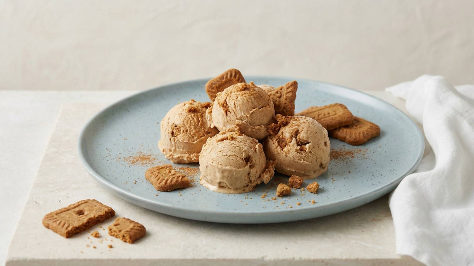 Ein blauer Teller mit mehreren Eiskugeln aus Keksgeschmack, umgeben von zerbröselten Keksstücken. Neben den Eiskugeln liegen einige ganze Kekse. Der Hintergrund ist neutral und hell.