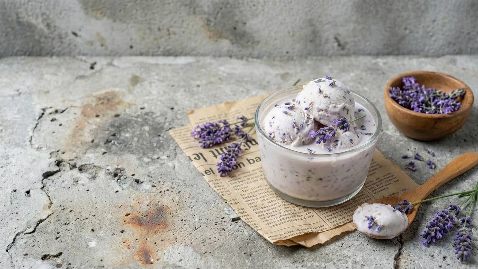 Eine Glasschale mit drei Kugeln Lavendeleis, dekoriert mit getrockneten Lavendelblüten. Neben der Schale liegt ein Löffel und eine kleine Holzkelle mit weiteren Lavendelblüten, auf einem Stück Zeitungspapier platziert. Der Hintergrund ist eine graue, strukturierte Oberfläche.