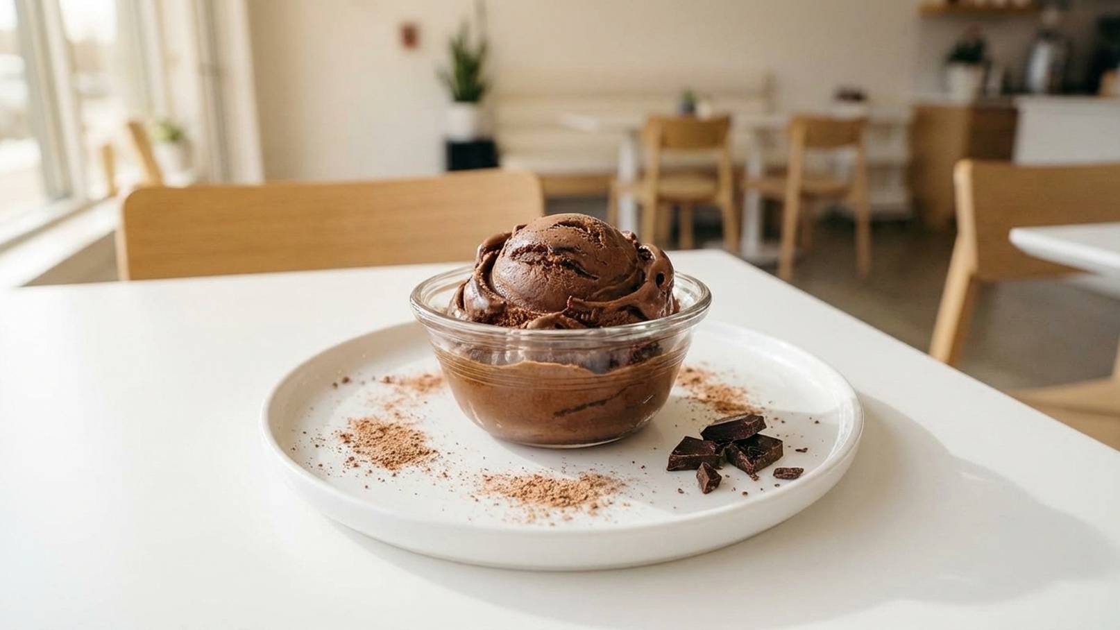Ein dessertähnlicher Teller mit einer Schüssel Schokoladeneis in der Mitte. Das Eis ist cremig und wird von Schokoladenstückchen und Kakaopulver umgeben. Der Hintergrund zeigt eine helle, freundliche Café-Umgebung mit Holzstühlen und Tischen.