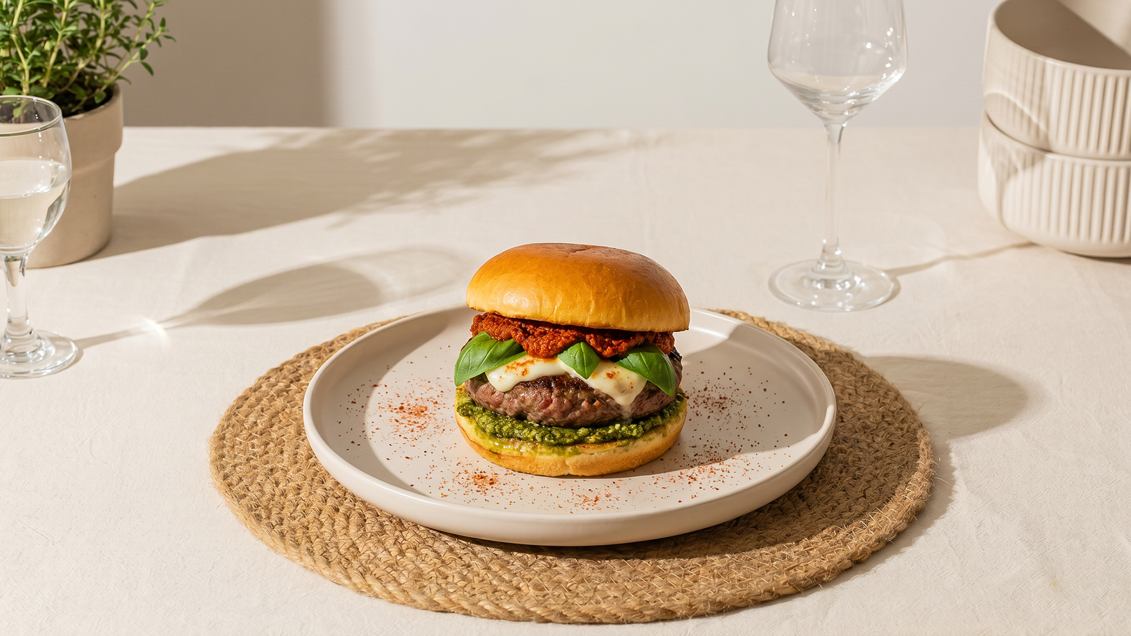 Ein leckerer Burger mit einem saftigen Patty, frischem Basilikum, getrockneten Tomaten und einer cremigen Soße, serviert auf einem weißen Teller. Der Burger ist mit einem weichen Brötchen bedeckt und steht auf einem Juteteppich. Ein Glas Wasser und Weingläser sind im Hintergrund sichtbar.