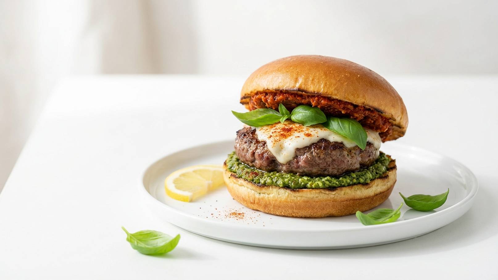 Ein saftiger Burger mit einem Rinderpatty, geschmolzener Mozzarella und frischem Basilikum. Der Burger liegt auf einem weißen Teller mit Pesto und einer Zitronenscheibe daneben. Der Brötchenoberteil ist goldbraun und glänzend.