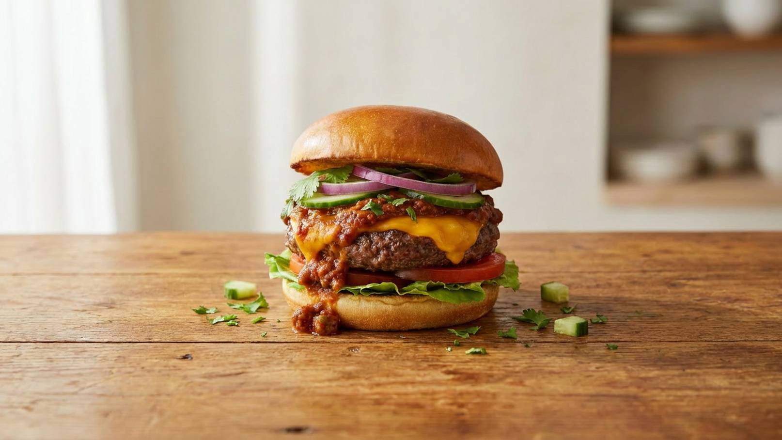 Ein saftiger Burger auf einem Holztisch. Er besteht aus einem Hamburgerpatty, geschmolzenem Käse, Tomaten, Salat, Zwiebeln und würziger Sauce, alles in einem weichen Brötchen. Kleinere Zutaten wie Gurkenstücke und Kräuter sind um den Burger verteilt.