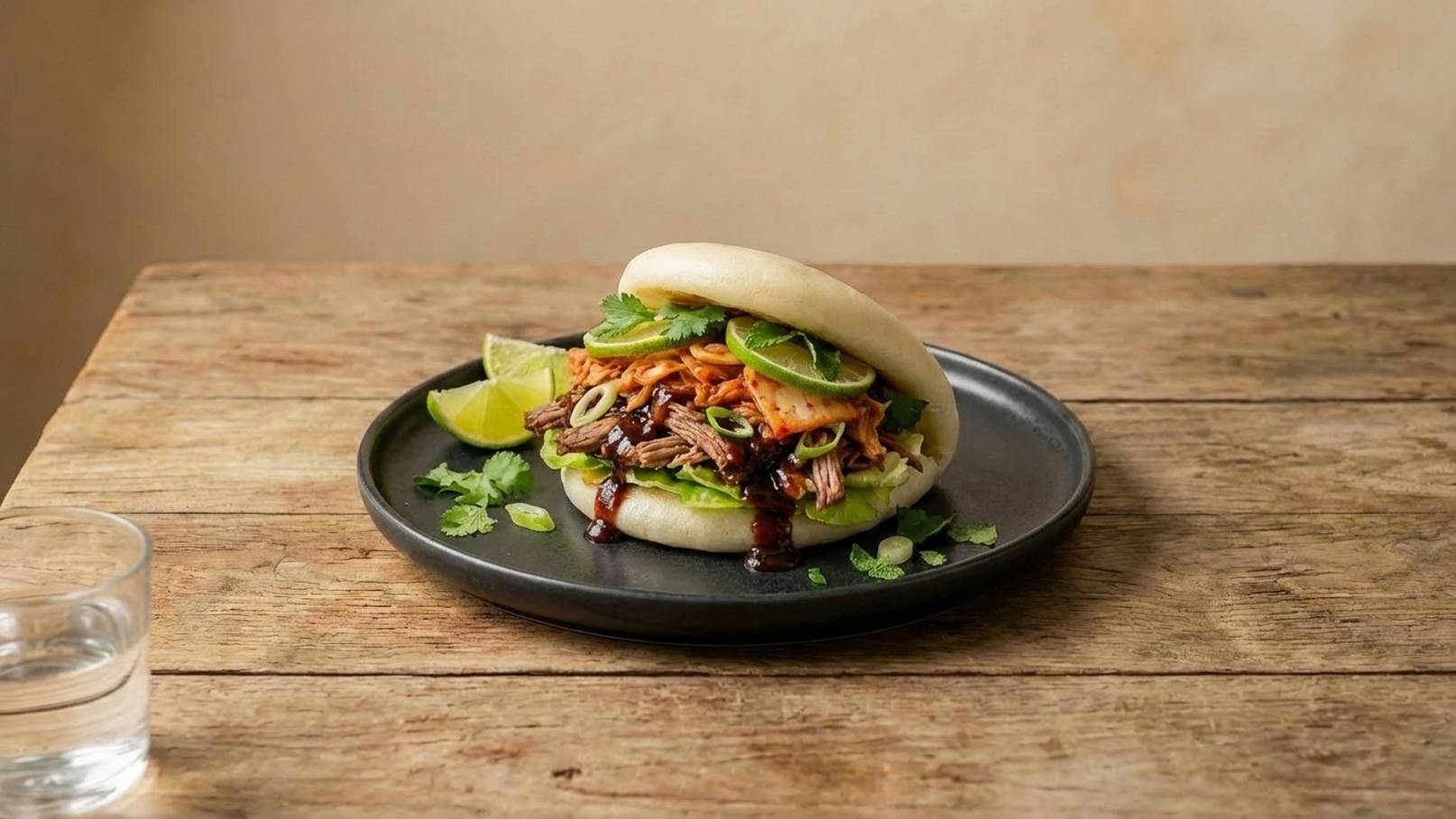 Ein runder, gefüllter Brötchen auf einem schwarzen Teller. Die Füllung besteht aus zartem Fleisch, frischem Gemüse, Koriander und Limettenscheiben. Der Teller steht auf einem Holztisch, daneben ein Glas Wasser.