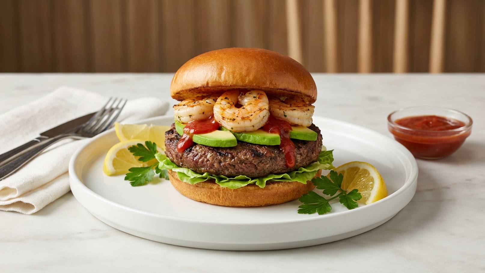 Ein saftiger Burger mit einem Rindfleischpatty, belegt mit gegrillten Garnelen, frischem Gemüse und Ketchup, auf einem weichen Brötchen. Serviert auf einem weißen Teller mit Zitronenscheiben und einer kleinen Schale Ketchup daneben.