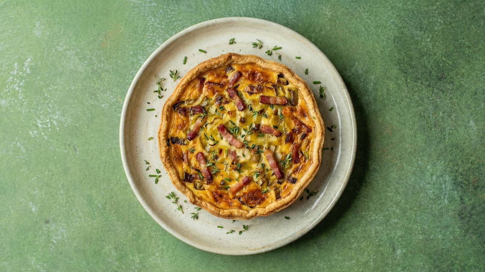 Eine runde Quiche auf einem hellen Teller, belegt mit goldbraunen Zwiebeln, Speckstückchen und frischen Kräutern. Die Kruste ist knusprig und leicht gebräunt. Der Hintergrund ist in einem sanften Grün gehalten.