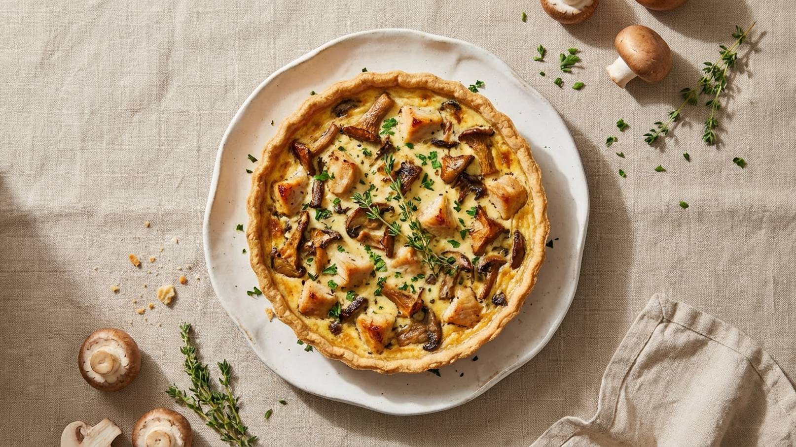 Ein rustikaler Kuchen auf einem weißen Teller, gefüllt mit einer cremigen Mischung aus Pilzen und Kräutern. Der Teigrand ist goldbraun und die Füllung ist schön angeordnet. Um den Teller herum liegen einige frische Champignons und eine kleine Menge Thymian.