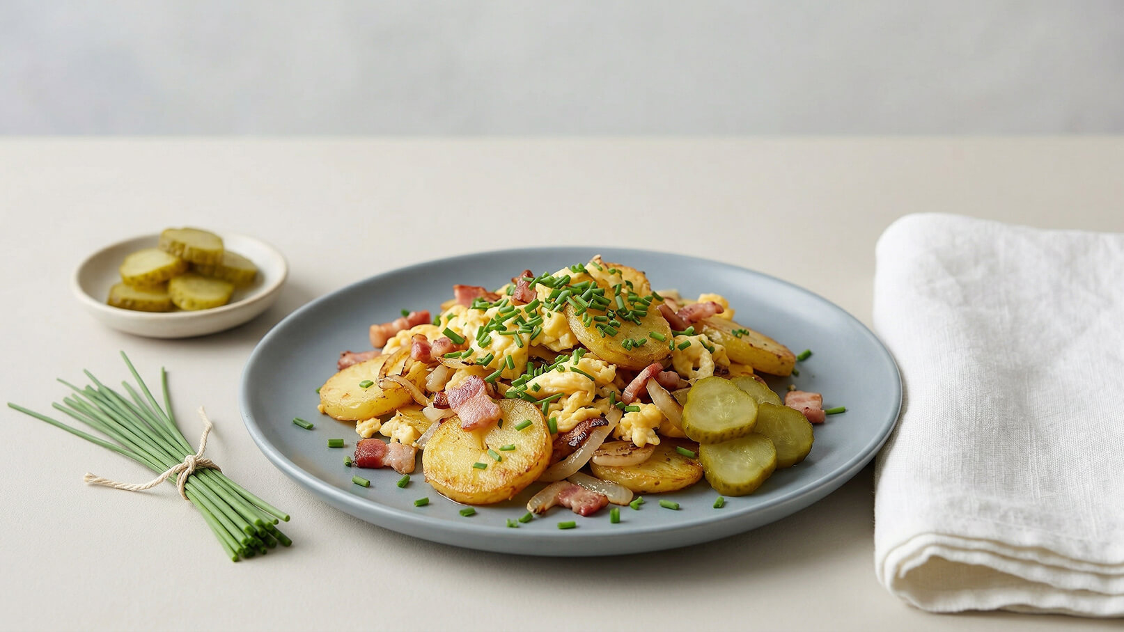 Ein grauer Teller mit einem warmen Kartoffelgericht, belegt mit Speck und Rührei, garniert mit Schnittlauch. Daneben ein kleiner Teller mit eingelegten Gurken und ein Bündel frischer Schnittlauch. Ein weißes Geschirrtuch liegt daneben.