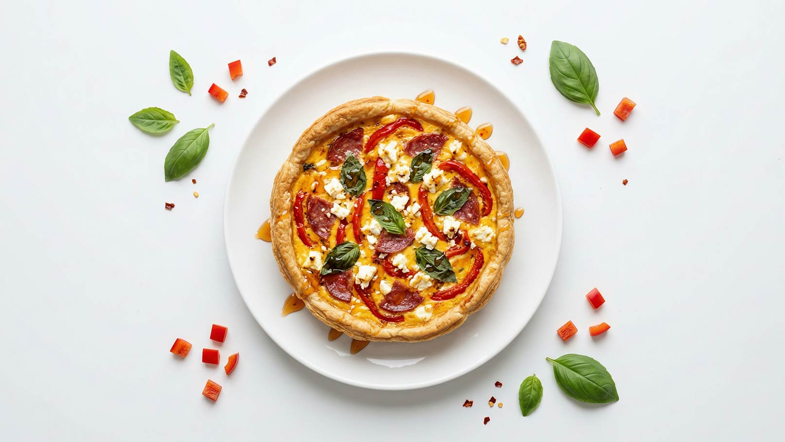 Ein runder, goldbrauner Quiche mit einer Füllung aus roten Paprika, grünem Basilikum und Käse auf einem weißen Teller. Um den Teller liegen einige frische Basilikumblätter und kleine Stücke von roter Paprika.