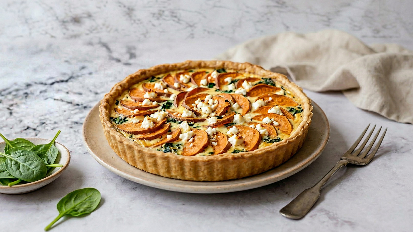 Eine appetitliche herzhafte Tarte auf einem Tellerrand, belegt mit dünn geschnittenen Äpfeln und Spinat. Die Oberfläche ist mit Käse bestreut. Neben der Tarte befindet sich eine kleine Schüssel mit frischem Spinat und ein Gabel. Der Hintergrund ist hell und neutral gehalten.