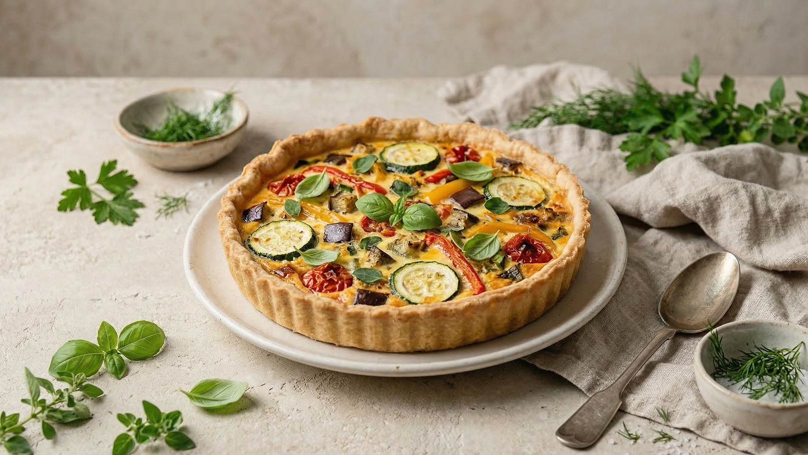 Eine frisch gebackene Gemüsetarte auf einem weißen Teller. Die Tarte ist mit Zucchini, Paprika und Kirschtomaten belegt und mit frischen Kräutern garniert. Neben der Tarte liegen Löffel und kleine Schalen mit Kräutern. Der Hintergrund ist neutral gehalten.